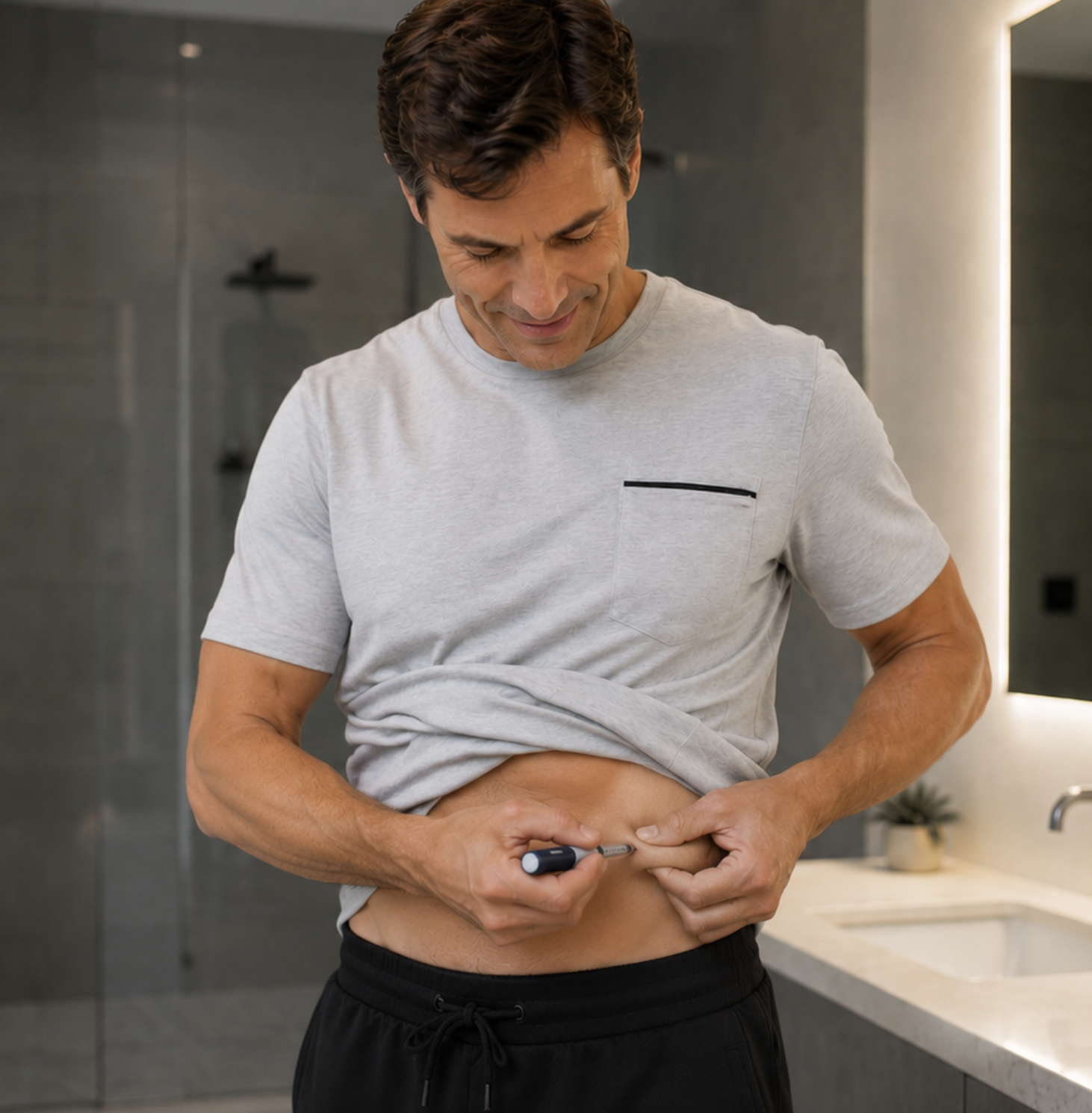 Man administering a Next Health peptide pen dose at home