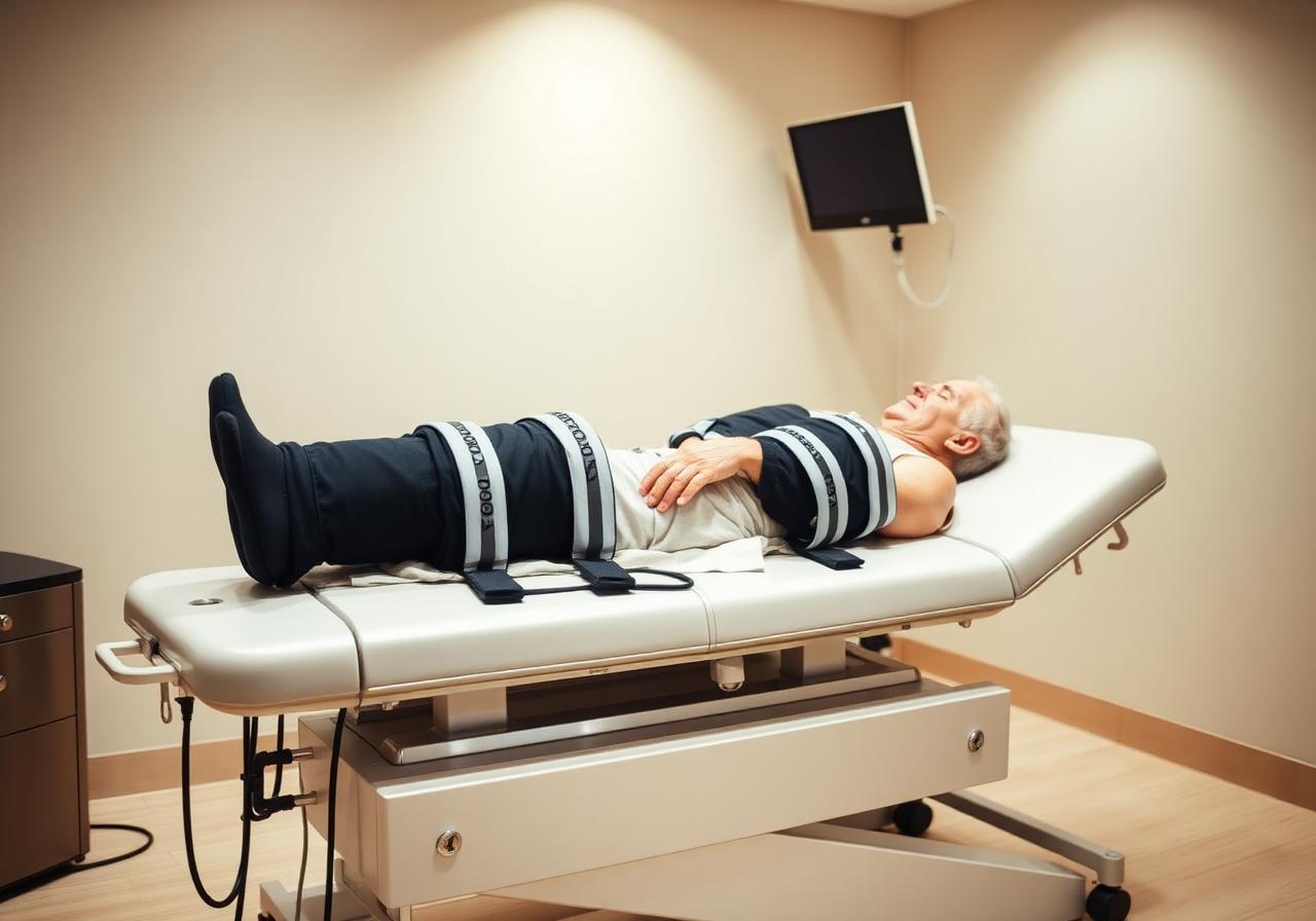 EECP cardiac counterpulsation table with sequential leg compression cuffs on a reclined patient