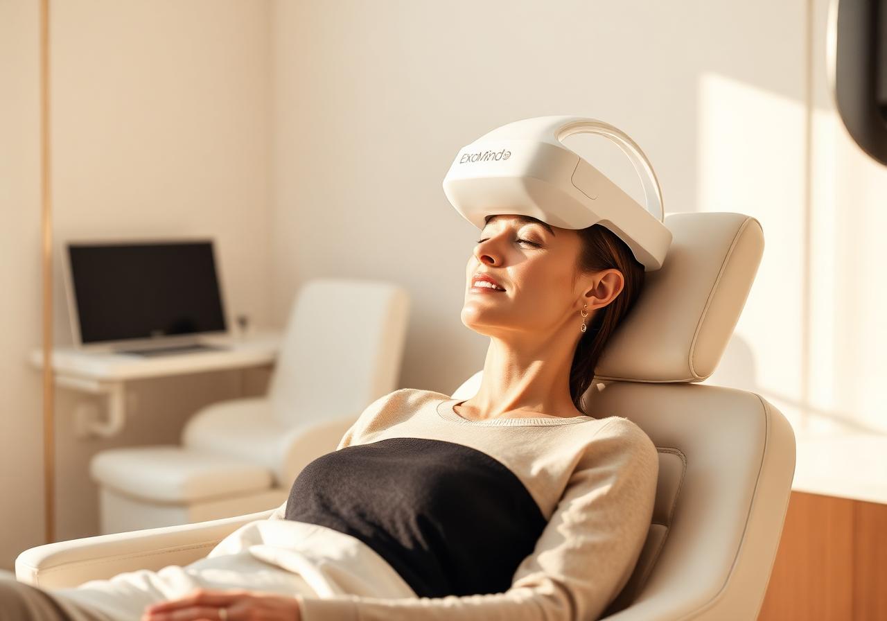 BTL ExoMind transcranial magnetic stimulation device positioned over a relaxed patient