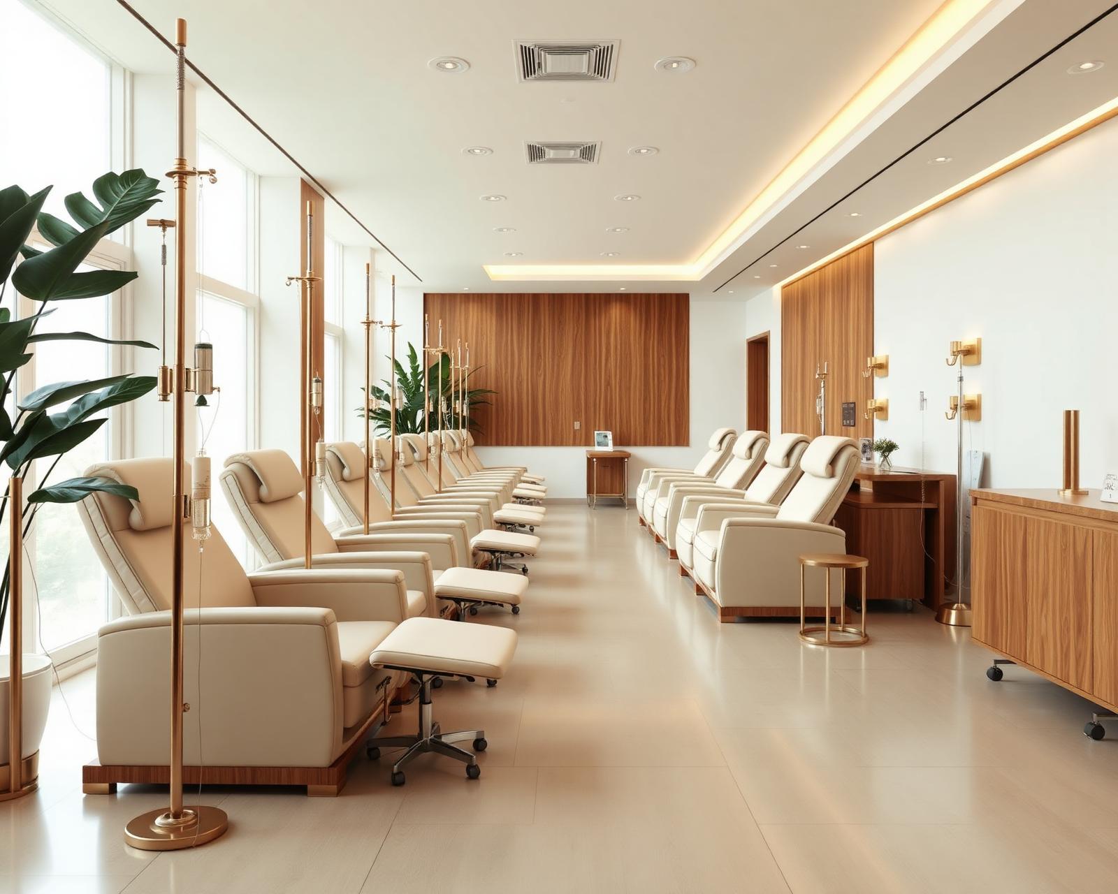 Wide view of the IV Lounge with brass IV poles and warm wood paneling