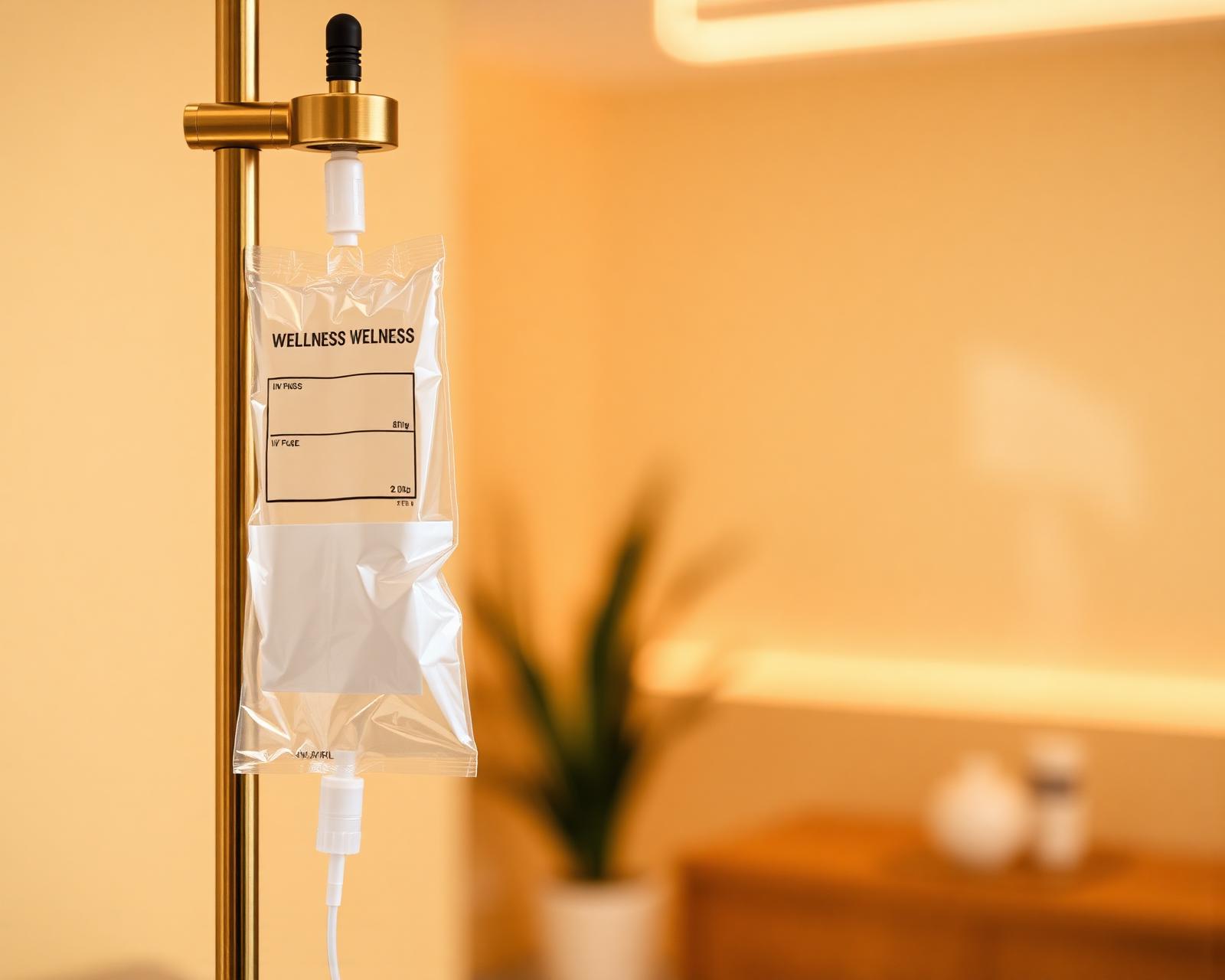 Close-up of an IV drip on a brushed brass stand