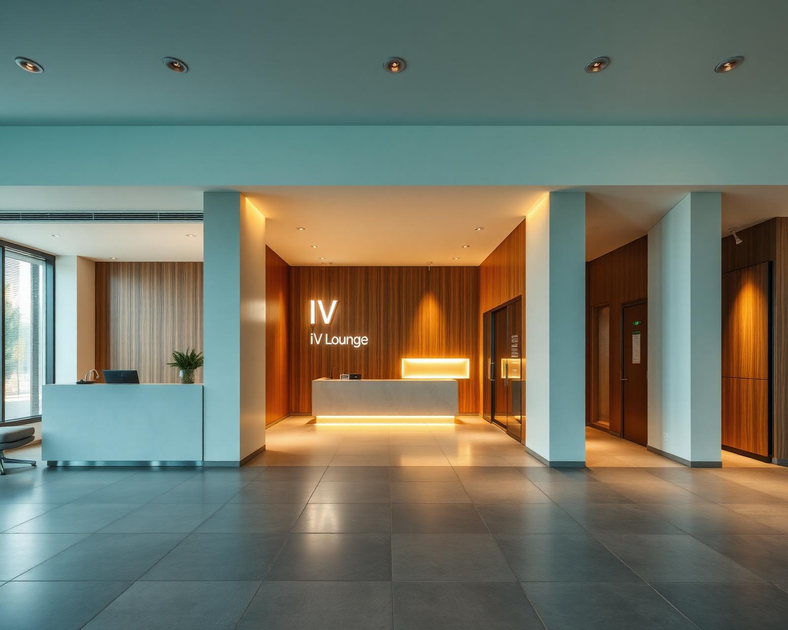 Modern IV Lounge entrance with backlit signage